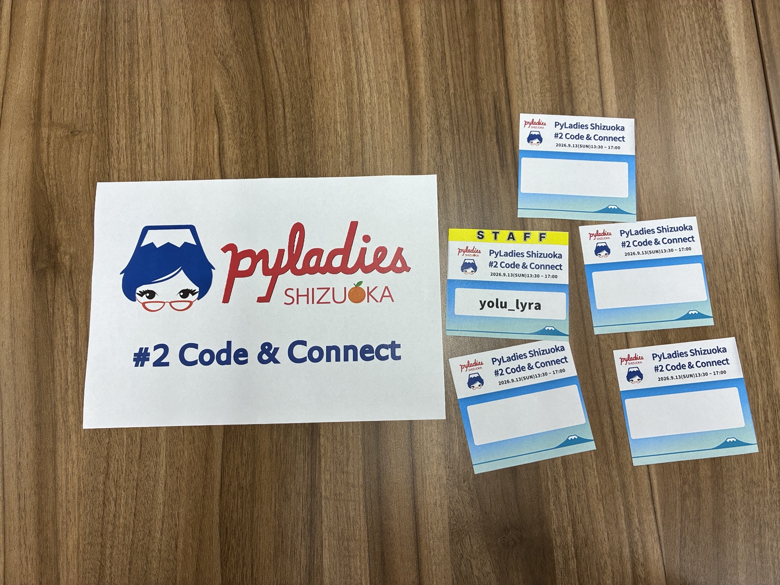 PyLadies Shizuoka #2の名札と掲示物